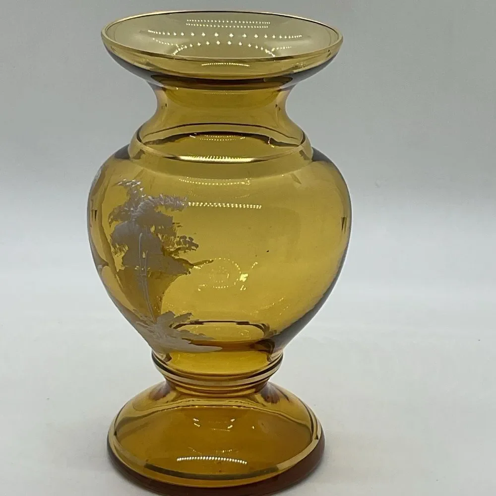 Vintage Mary Gregory Amber Glass Vase with Girl and Butterfly